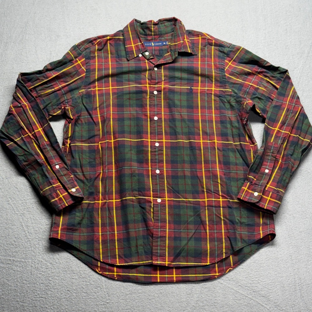 Ralph Lauren Mens XL Plaid Button Down Shirt Red Green Yellow Cotton Long Sleeve